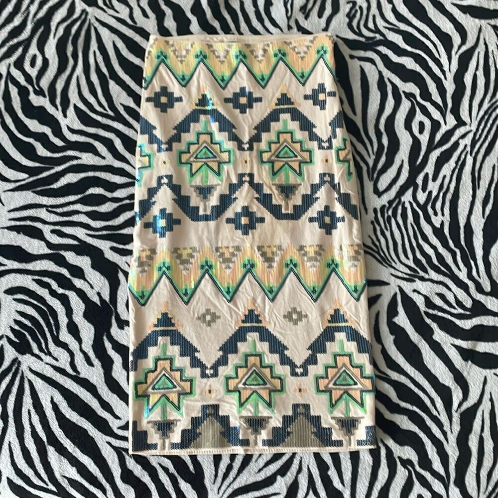 3/$15Express colorful sequin geometric Aztec print strapless mini dress XS